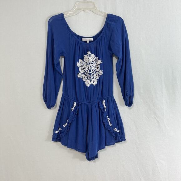Lovers + Friends Carmella Embroidered Romper Size Small Blue Pockets - Picture 3 of 13
